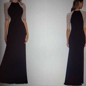 Xscape Caviar Beaded Mesh Short Sleeve Crew Neck Jersey Sheath Evening Gown